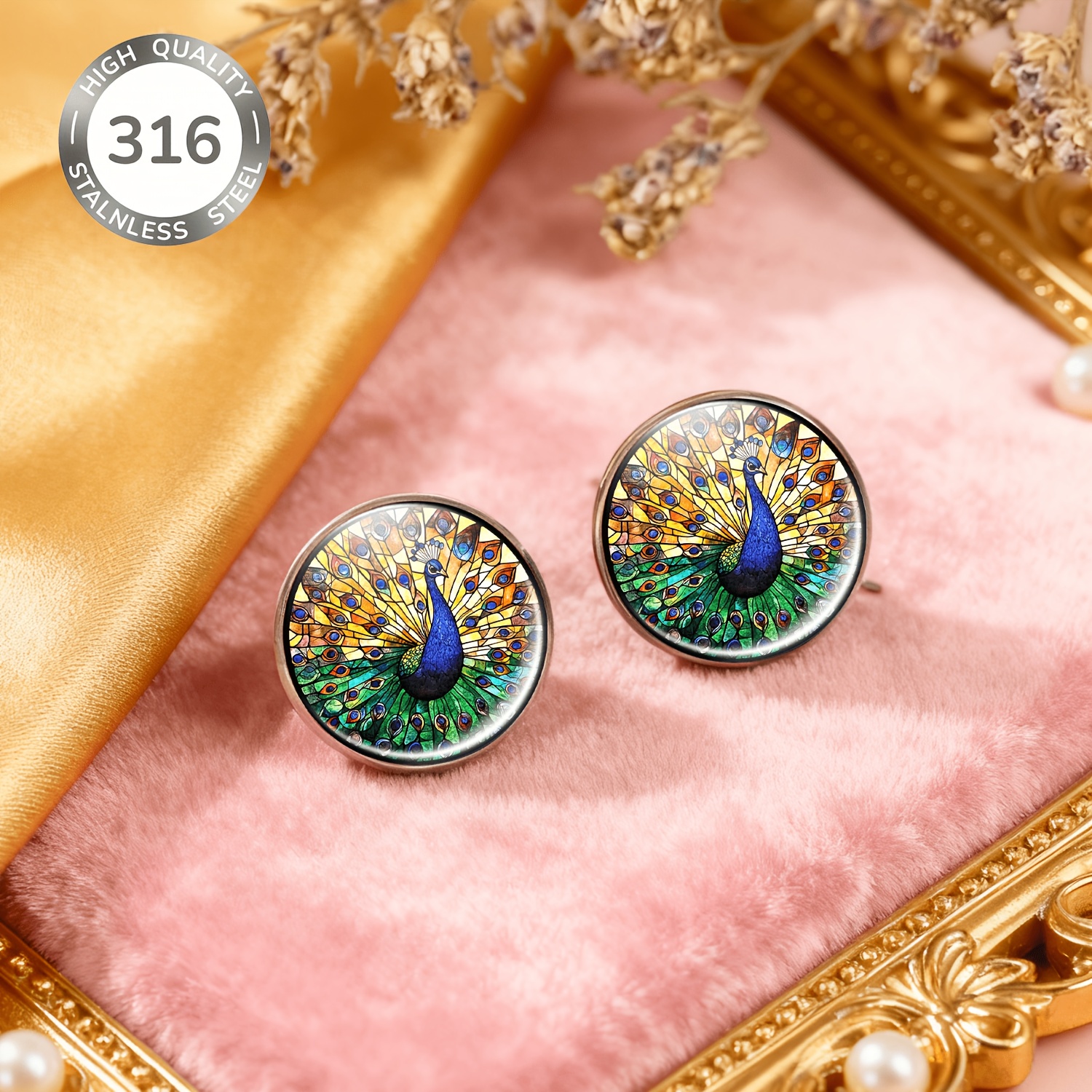 2pcs Peacock Feather Stainless Steel Non-Piercing Earrings Set